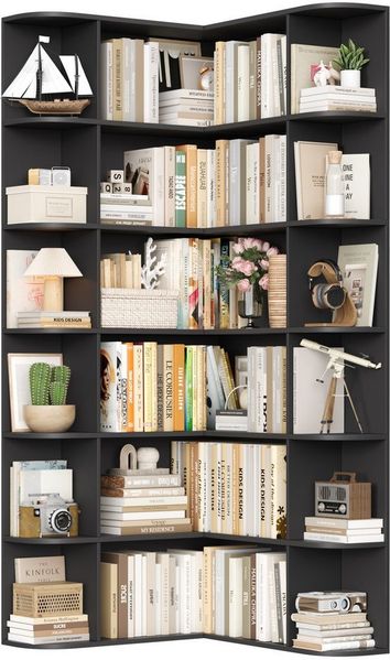 Homfa Bücherregal 185 cm Eckregal Bücherschrank Eckbücherregal, Standregal L-förmiger Eckschrank 80 x 84 x 185 cm, schwarz