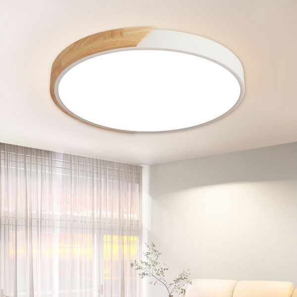style home Deckenleuchte LED Deckenlampe Holz, dimmbar mit Fernbedienung 3000-6000K, 48W, LED fest integriert, 50*50*4cm, Runde Lampe, für Wohnzimmer Schlafzimmer Küche Diele Flur