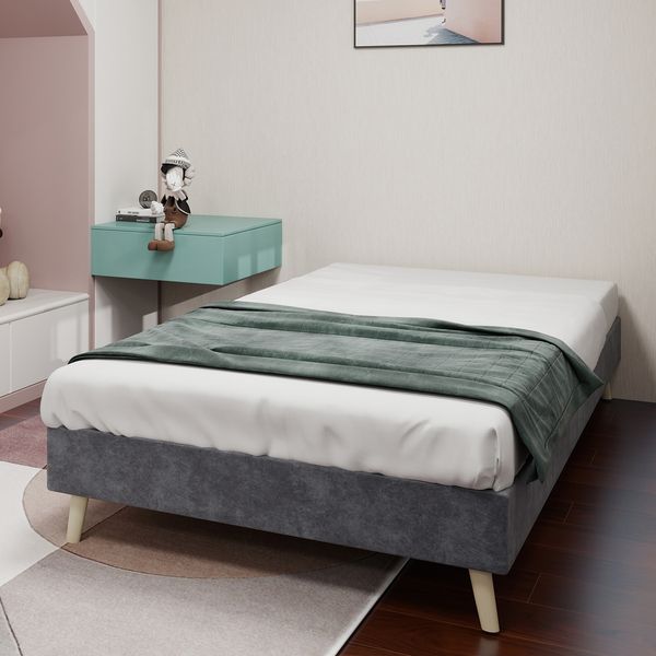 Bettgestell 90×200cm gepolstertes Stoff‑ & Metallgestell, mehrpunktgestützte Stabilität, niedrige Plattform,Grau
