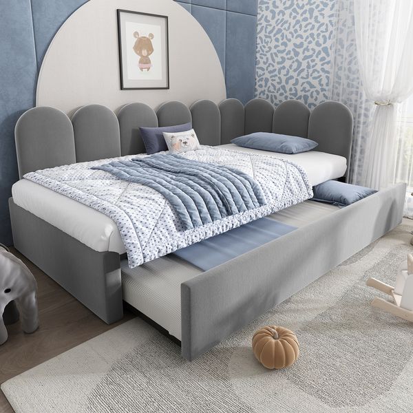Polsterbett 90×200 cm aus Samt-Stoff mit Ausziehbett, grau