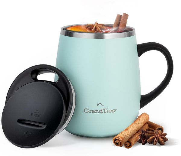 Grandties Insulated Coffee Mug with Handle, Sliding Lid for Splash-Proof 16 oz Wine Glass Shape Thermal Tumbler with Double Walled Vacuum Stainless Steel to Keep Beverages Hot or Cold- Powder Green