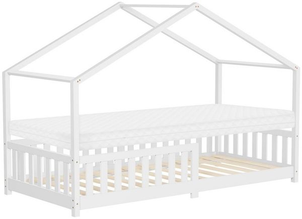 ML-DESIGN Spielbett Hausbett Kinderbett inkl. Lattenrost & Rausfallschutz Kinder Bodenbett, Abenteuerbett 90x200 cm mit Matratze Himmelbett Kiefer Jugendbett Weiß
