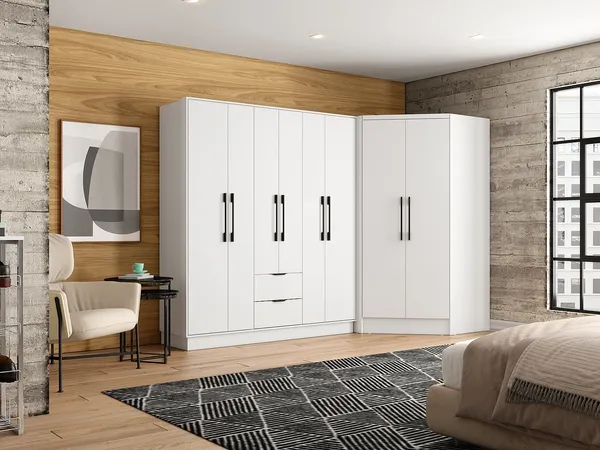 Vente-unique - FEOVA Wardrobe and walk-in wardrobe Holz, Platte Weiß - B 101,5 cm x H 182 cm x L 263,5 cm