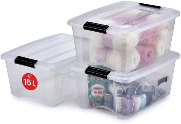 Iris Ohyama Aufbewahrungsboxen mit Deckel, 15L, 3er-Set, Transparent, Sicherer Verschluss, Stapelbar, Griffe, Schlafzimmer, Schrank, Büro, Organisation, BPA-freies Plastik, Ordnungsboxen, NTB-15