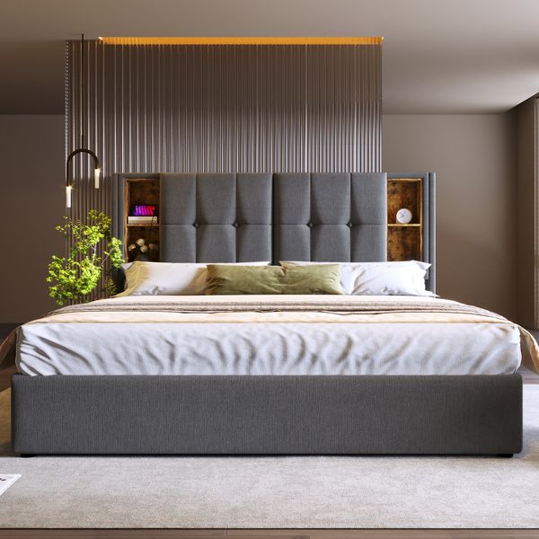 Polsterbett 140x200 cm mit Stauraum und kabellosem Laden, mit USB- und Type-C-Anschlüssen, grau