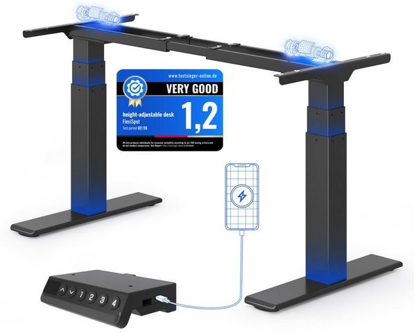 FLEXISPOT Schreibtisch ValtreX E200 Elektrisch höhenverstellbarer Schreibtisch mit Dualmotor (2 Motore, 3-Fach-Teleskop, 4 Speicherplätze, höhenverstellbar von 60–125 cm, Geschwindigkeit 40 mm/s), Kollisionschutz Funktion, USB Ladeanschluss, MAX Load: ...
