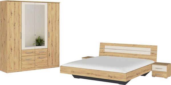 Schlafzimmer Burano in Eiche und Beige 4 teilig – mit verschiedenen Schrankvarianten wählbar - 4 teilig , Kleiderschrank 4 türig + 180er Doppelbett + 2 Nachttische