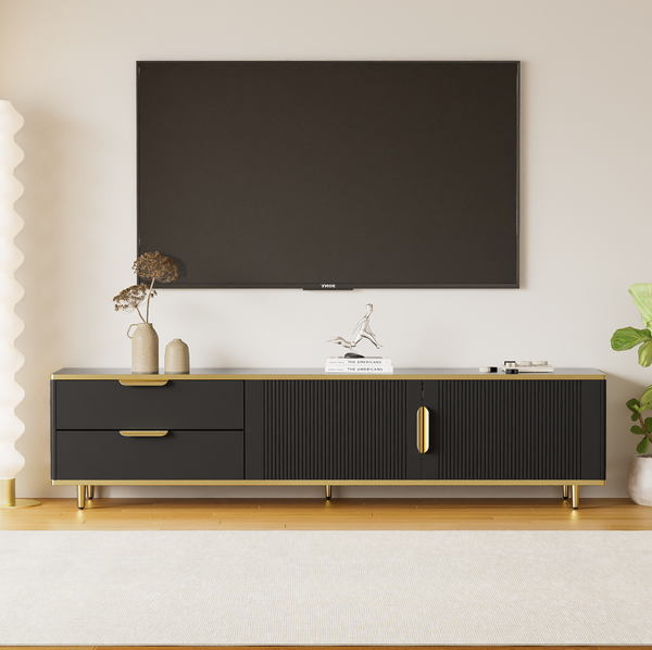 Eleganter TV-Schrank 175 × 40 × 45 cm aus hochwertigem Holz in Schwarz mit goldenen Akzenten, 175x40x45cm