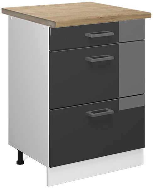 Küchenunterschrank R-Line Anthrazit Hochglanz 60 cm mit Schubladen, AP Eiche Vicco