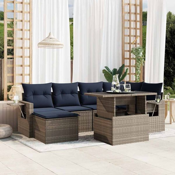 vidaXL 7-teiliges Gartensofa-Set mit Kissen, grau, Polyrattan 3268051