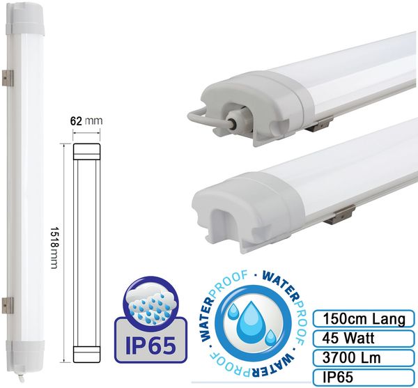 Feuchtraumleuchte Wannenleuchte Proline LED 45W Leuchte für Außen und Innen Wasserdicht IP65 Kaltweiß Slim