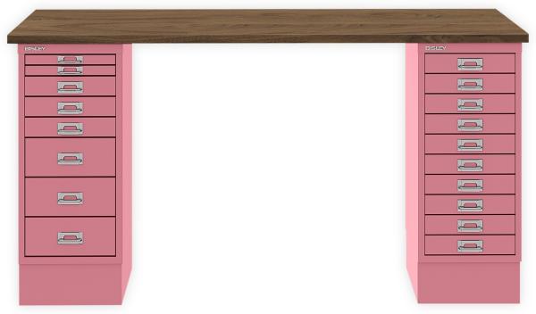 MultiDesk, 1 MultiDrawer mit 10 Schüben, 1 MultiDrawer mit 8 Schüben, Dekor Nussbaum, Farbe Pink, Maße: H 740 x B 1400 x T 600 mm