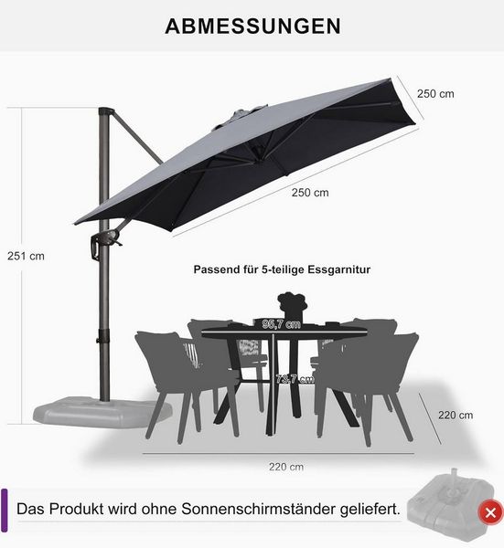 PURPLE LEAF Ampelschirm Quadratischer Terrassenschirm, Alu Balkonschirm, Groß Sonnenschirm, LxB: 250,00x250,00 cm, für Garten, Terrasse, Pool