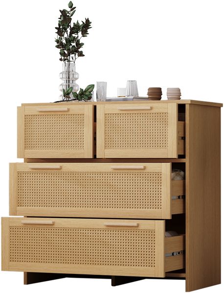 Kommode 80x38x80 cm, 4 Schubladen mit Naturrattan-Front, MDF-Korpus in Natur Bild 3