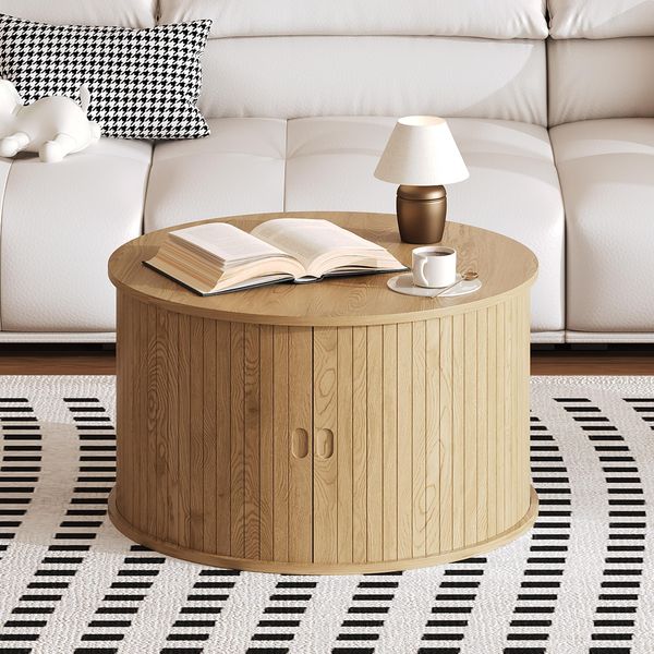 GarveeHome Runder Kaffeetisch Mit Geriffelten Türen, Minimalistisch Couchtisch Mit Schiebetüren, Beistelltisch Mit Ablageflächen, Für Wohnzimmer Und Schlafzimmer, 70 x 70 x 40 cm