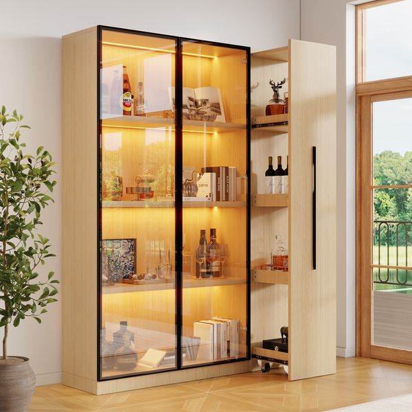 Flieks Multifunktionsschrank 110.5 x 35 x 160 cm, LED-Vitrine mit Glastüren, Seitenauszug, Rollregal, Hochschrank, Eiche