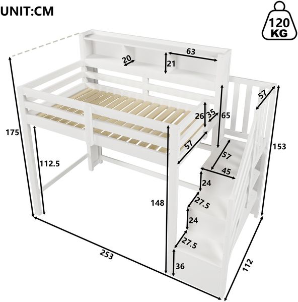 Hochbett, 90x200cm,Mit LED-Leuchten, Großer Stauraum unter dem Bett, Ablageleiter, offenem Staufach, ohne Matratze, Weiß Bild 8