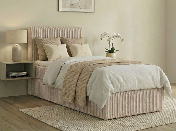 Boxspringbett RALF 120 x 200 cm mit Bettkasten, Topper und gepolstertem Kopfteil. Farbe: Gelb, Härtegraden: H4 , Topper: T25-Topper