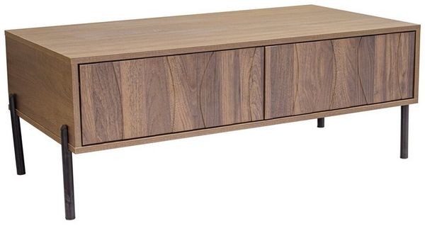 KLAM HOME Couchtisch Couchtisch im Retro-Design mit 2 Wellenschubladen (105x55cm Wohnzimmertisch in Holzoptik), Große Ablagefläche & Eisenbeine für Fernbedienung und Aufbewahrung