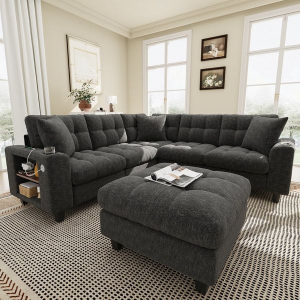 Merax Ecksofa U-förmiges XXL-Modulares Sofa mit USB-Anschlüssen, Chenille-Sofa, ideal für Wohnzimmer 1 Teile, 6-Sitzer-Sofa mit Bücherregal-Armlehnen, Hocker, Becherhalter & Kissen