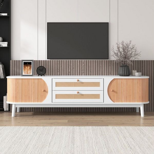 Merax Lowboard mit 2 Schubladen und 2 Bogenschiebetüren, TV-Schrank mit Rattan-Geflecht, Breite 170cm