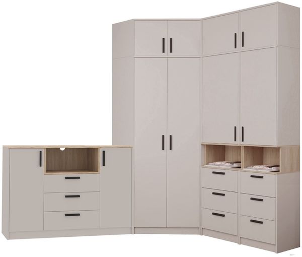 Marmex Möbel Grant Set-35C Schranksystem mit mit Aufsätzen und Kommode für Schlafzimmer, Ankleidezimmer, Eckschrank, Standregalen mit Schubladen und Einlegeböden, große Kommode, laminierte Spanplatte, graubeige cashmere+cremona torro 228/195x235x40 cm
