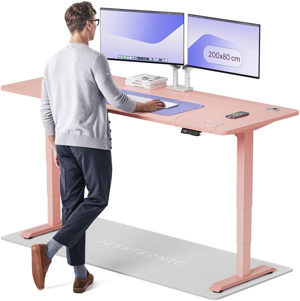 Desktronic HomePro Elektrisch höhenverstellbarer Schreibtisch 200x80cm Rosa/Rosa mit Memory-Funktion, Anti-Kollisions Technologie, USB-A und USB-C-Ladeanschlüssen