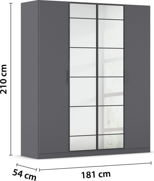 rauch Acero, Kleiderschrank, Garderobenschrank in moderner Loft-Optik, 4-türig, 2 Glastüren, mit 2 Kleiderstangen und 2 Einlegeböden, Farbe Grau metallic, BxHxT 181x210x54cm Bild 4