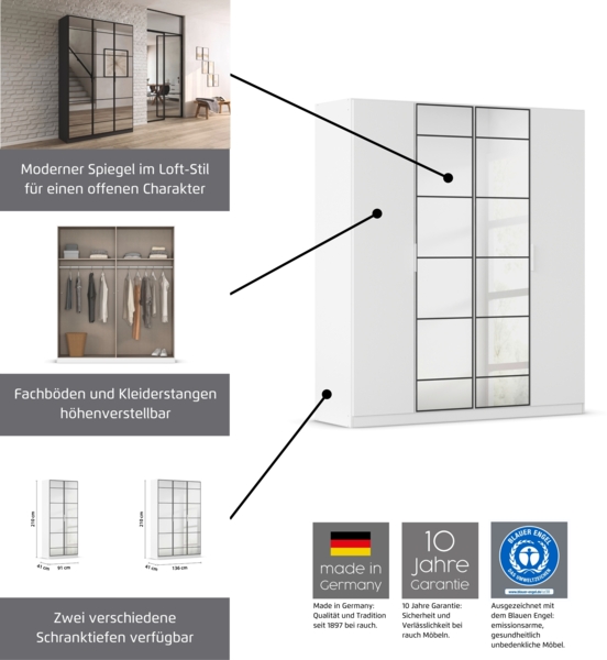 rauch Acero, Kleiderschrank, Garderobenschrank in moderner Loft-Optik, 4-türig, 2 Glastüren, mit 2 Kleiderstangen und 2 Einlegeböden, Farbe Grau metallic, BxHxT 181x210x54cm Bild 7