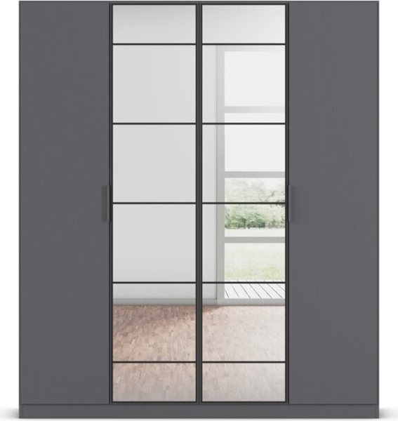 rauch Acero, Kleiderschrank, Garderobenschrank in moderner Loft-Optik, 4-türig, 2 Glastüren, mit 2 Kleiderstangen und 2 Einlegeböden, Farbe Grau metallic, BxHxT 181x210x54cm Bild 2
