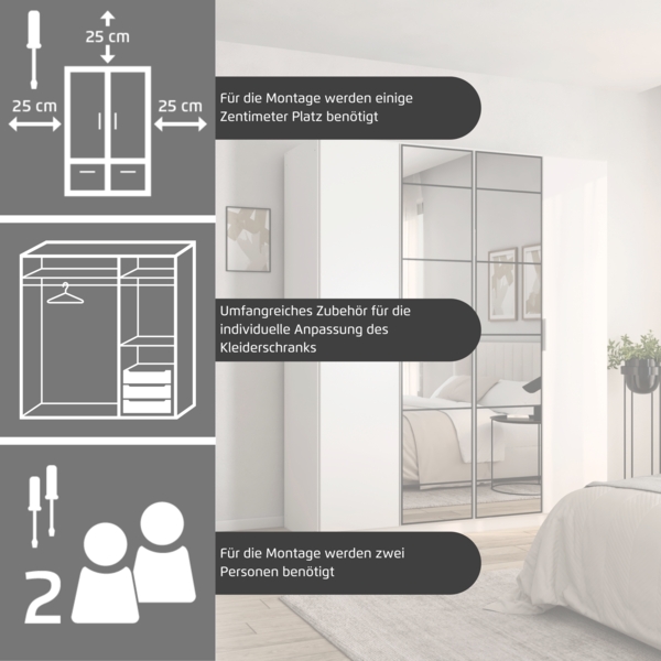 rauch Acero, Kleiderschrank, Garderobenschrank in moderner Loft-Optik, 4-türig, 2 Glastüren, mit 2 Kleiderstangen und 2 Einlegeböden, Farbe Grau metallic, BxHxT 181x210x54cm Bild 8