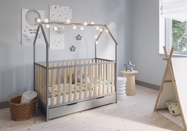 FabiMax Kinderbett Hausbett Schlafmütze 140 x 70 cm Liegefläche, grau / natur lackiert, Kiefernholz massiv, Gitterbett, Umbaubar zum Juniorbett