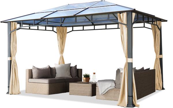 Gartenpavillon 3x4 m Aluminium Gestänge Polycarbonat Dach 8mm Pavillon Gartenzelt 4 Seitenteile champagner