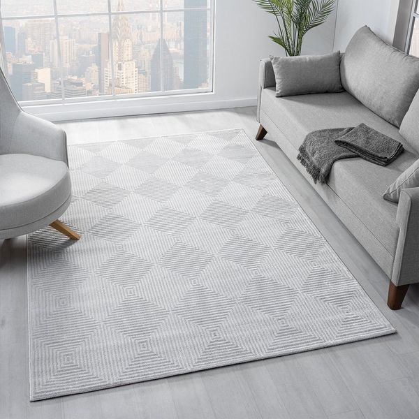 Vimoda Designteppich Wohnzimmer Boho Design 3D Raute Hoch-Tief-Effekt, Rechteckig, Höhe: 11 mm, Teppich 3D kariert für Esszimmer, Flur & Schlafzimmer