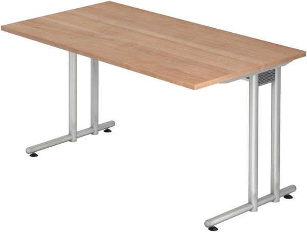 bümö Schreibtisch N-Serie 140x80 cm, Tischplatte aus Holz in Nussbaum, Gestell aus Metall in Silber - PC Tisch, Computertisch für's Büro, Office Bürotisch, NS-14-N-S