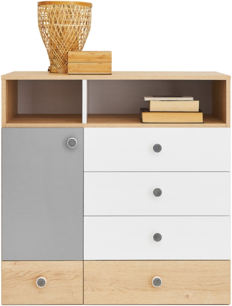 Kommode Pezru PX9 (Farbe: Biskuit Eiche / Biskuit Eiche + Weiß Lux + Grau)