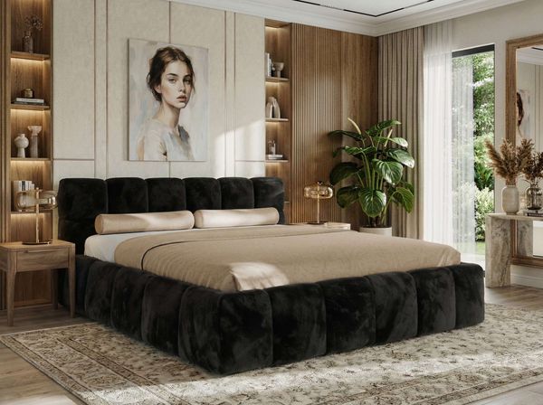 Doppelbett mit Gasdruckfeder, Polsterbett NIRA CLASSIC Holzlattenrost Bett mit Stauraum, gepolstertes Kopfteil Bettkasten Foam Matratze - 140 x 200 cm - Schwarz Plüsch - MIRO LUX