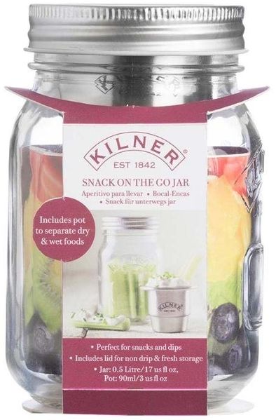 Kilner Glas 0.5 L. Snack on the go, mit Dressing/Sauchen Einsatz, 8,5x8,5x13,5 cm