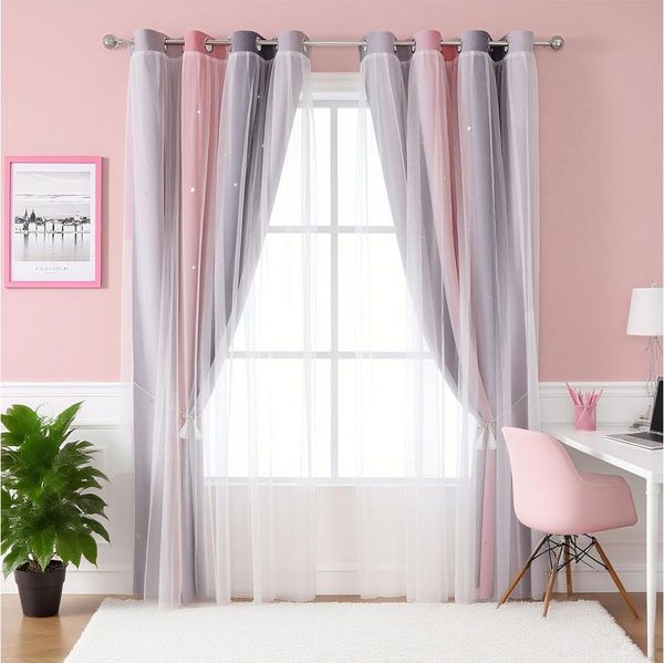 TUWENA Verdunkelungsvorhang Verdunkelungsvorhänge, Glänzend Sterne Vorhänge Farbverlauf 2er Set, Sterne Pattern Mix Weiß Voile Vorhänge mit Ösen Schlafzimmer Gardinen