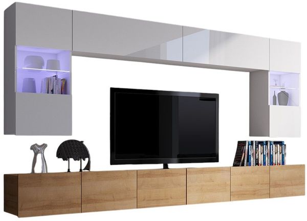 Compleo Wohnwand CALABRO, Elegant design, Ideal für ein großes Wohnzimmer, 6er-Set, 2x TV-Lowboard, 2x Wandregal, 2x Hängevitrine