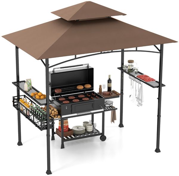 Grillpavillon mit Doppeldach &Seitenregalen &Metallkorb Grillüberdachungen Grillunterstand Braun
