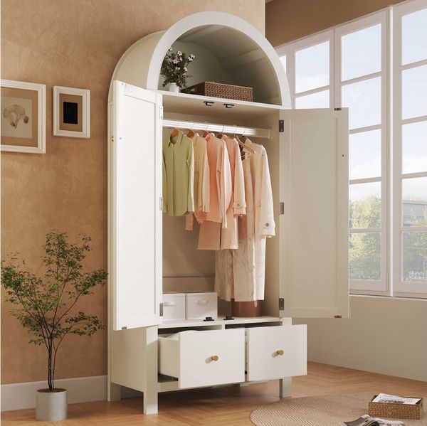 BlingBin Kleiderschrank Garderobenschrank Aufbewahrungsschrank Schlafzimmerschrank (1-St, Kleiderschrank in Walnuss mit Rattan & Bogenform) mit Kleiderstange, 2 Schubladen, 181 cm hoch, MDF & Metall