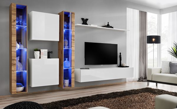 Hängende Wohnwand Switch XVI in Wotan und Weiß 330 x 180 cm 6-teilig