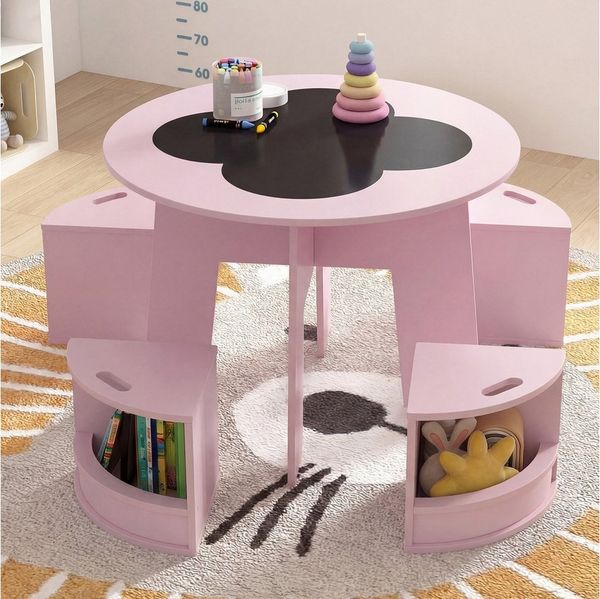 COSTWAY Kindersitzgruppe, (5-tlg, 5 tlg), Kindertisch & 4 Stühle mit Stauraum, platzsparend
