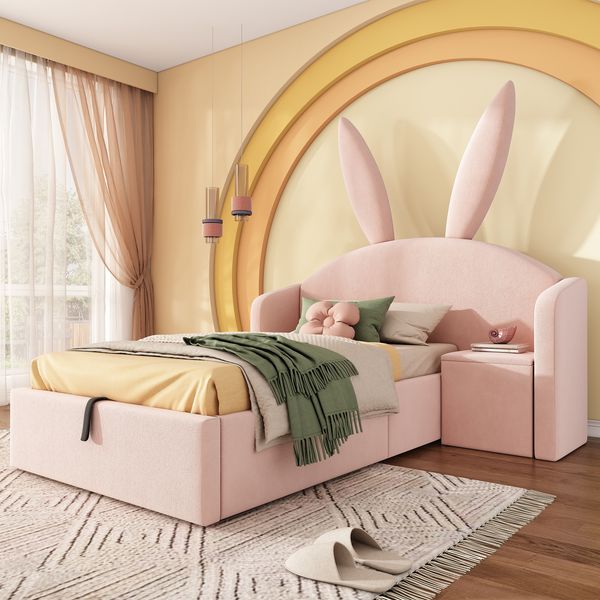 Kinderbett 90x190 cm Rosa Polsterbett mit Stauraum & Nachttisch, Hasenohren Design Jugendbett aus Samt, Mädchenbett (Ohne Matratze)