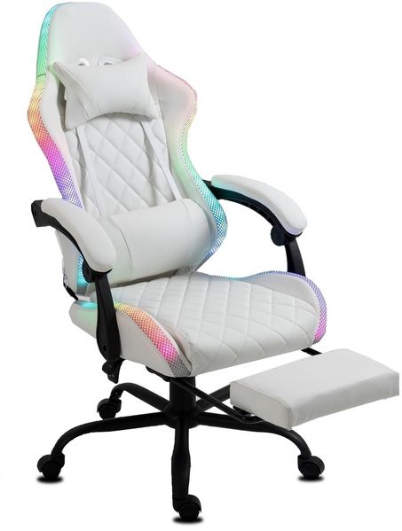 Delman Gaming-Stuhl, ergonomischer Bürostuhl mit RGB-LED-Beleuchtung, Fußstütze und Metallfußkreuz, Kunstleder, Weiß Bild 5