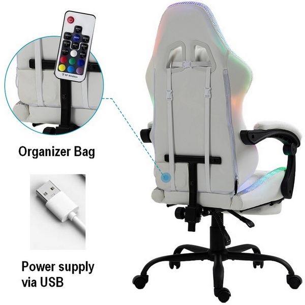 Delman Gaming-Stuhl, ergonomischer Bürostuhl mit RGB-LED-Beleuchtung, Fußstütze und Metallfußkreuz, Kunstleder, Weiß Bild 4