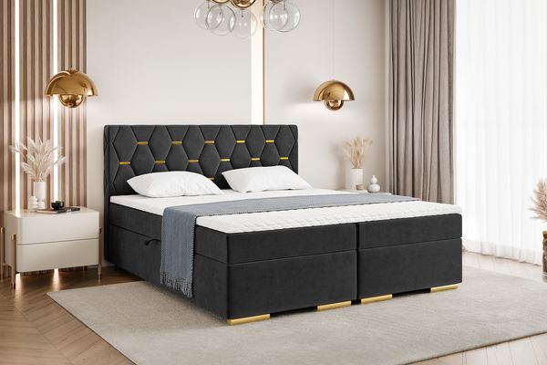 MEBLINI Boxspringbett mit Bettkasten - 120x200 - H3/Schwarz Samt - Versal - Gepolstert Doppelbett mit Matratze und Topper - Polsterbett mit Stauraum - Bett mit Kopfteil - Stauraumbett
