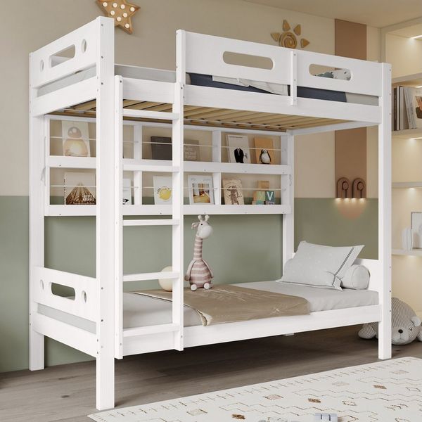 Sweiko Etagenbett 90x200cm (Etagenbett, Offenes Regal, Fünfstufige Leiter), Mit Fallschutz und Gitter