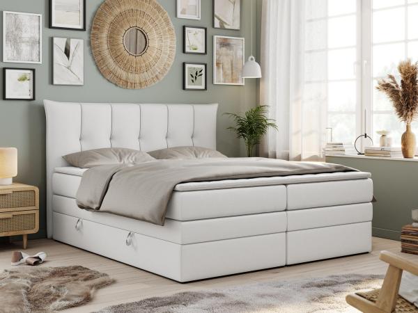 Boxspringbett 7-Zonen Taschenfederkernmatratze und Topper - PREMIUM-10-KING - 140x200cm - Weiß Kunstleder - H4